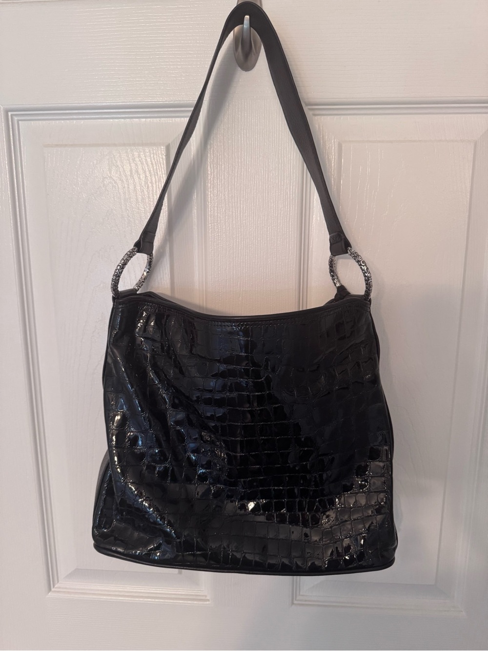Black Patent Croc-Embossed Shoulder Bag - Picture 5 of 9